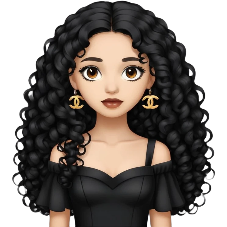 light skin girl with very long black curly hair, brown eyes, wearing a black Chanel dress emoji