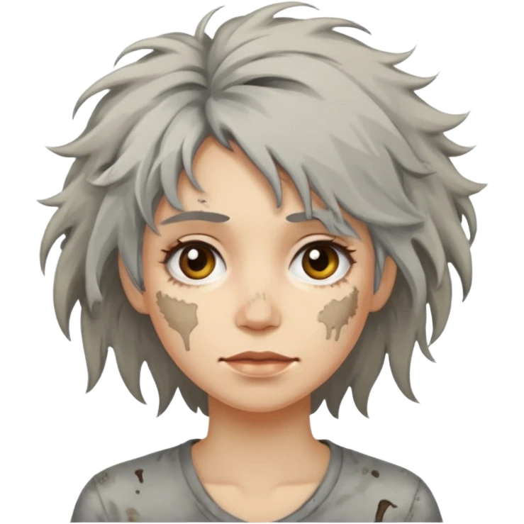 very dirty looking homeless woman very very dirty and smelly looking face only, not old with grey smudges everywhere and messy hair and lots of stains on face ugly,  emoji