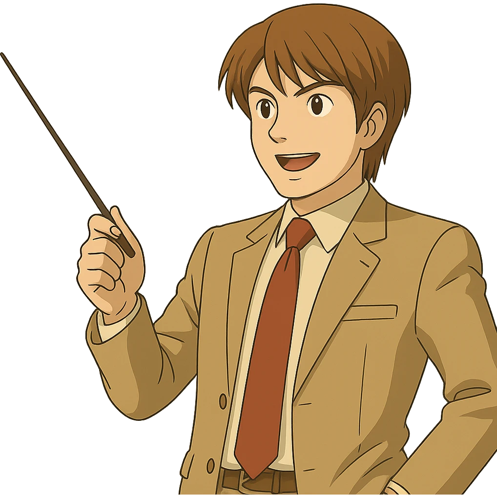 Change the angle of the teacher's stick so Light Yagami is pointing to the left, confident expression, Ghibli style, transparent background. emoji