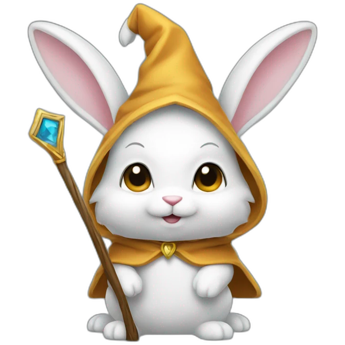 White wizard bunny with big ears, cloak, staff and hat emoji