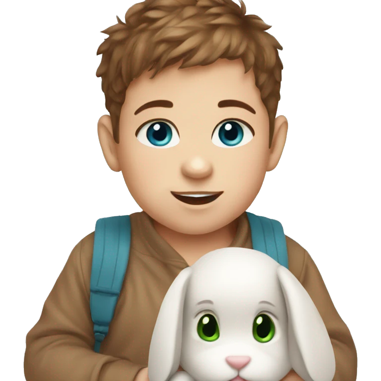 Cute baby with brown hair and blue/green eyes and a rabbit teddy emoji