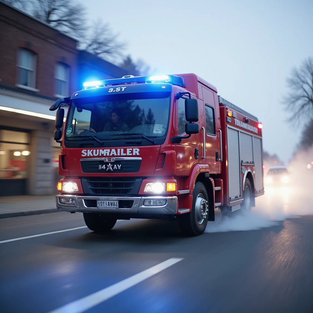 realistic fire truck with blue flashing light driving to an emergency, dynamic, red color, action scene, realistic movement emoji