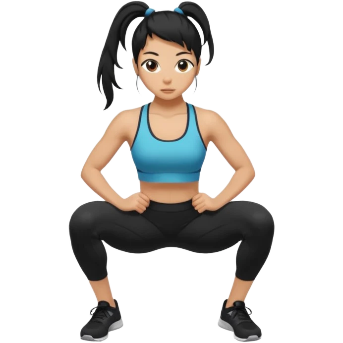 Women with long black ponytail doing a squat with no weights emoji