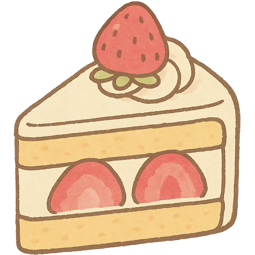 kawaii strawberry cake slice, soft pastel Japanese hand-drawn style, full object, transparent background, with a tiny strawberry on top emoji