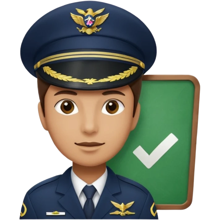 Slack-style emoji of a pilot wearing a slightly tilted navy captain hat holding a green board with a white check mark emoji