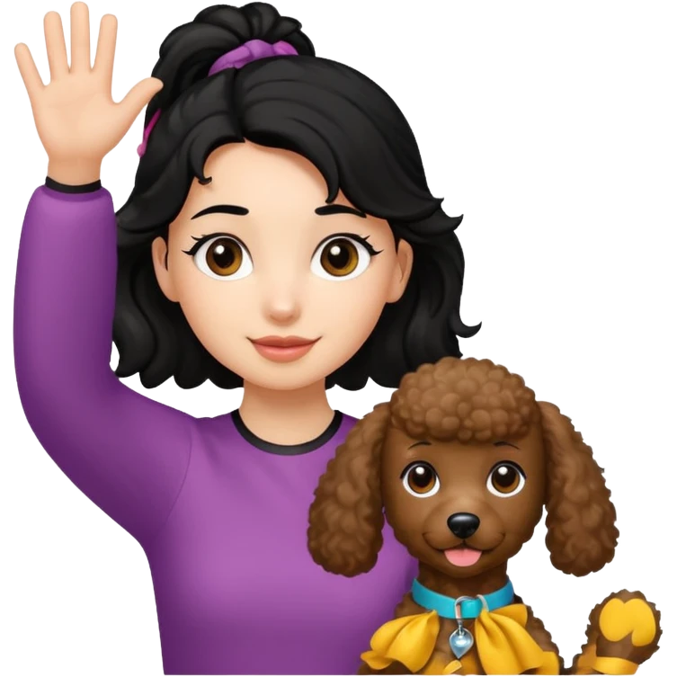 Ponytail black hair girl with brown Poodle say goodbye  emoji