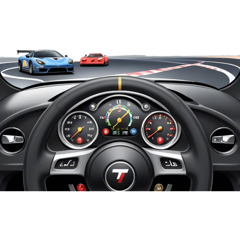 An icon showing a racing game interface, inspired by Grand Turismo. The design features a garage with a selection of high-performance cars, along with race track visuals in the background. Speedometer, lap timer, and other HUD elements add to the excitement. Transparent background emoji