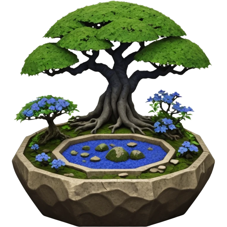Alien saucer jungle-vines mountain-island landscape antique mudman very old broken cracked intricate Stone Age lapis-crusted irregular dodecagon-shaped shallow dark moss rough bark blue serissa flowered maple tree bonsai pot emoji