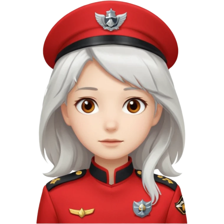 a girl with white loose hair, gray eyes maintains a calm expression on her face in a red captain's uniform to the waist emoji