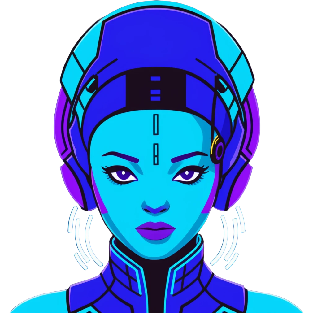 Cyberpunk African female portrait with digital augmentations, electric blue and purple lighting, high-tech headpiece with African pattern elements emoji