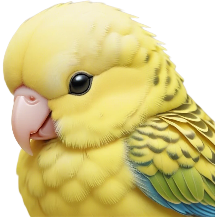 Meme-Worthy Cute Sleeping Yellow Budgie Portrait Emoji, Head resting peacefully with a contented smile, showcasing a petite, delicate build and a luxuriously soft yellow feathered fur, eyes shut in a serene nap, Simplified yet hilariously adorable features, highly detailed, glowing with a soft, drowsy light, high shine, relaxed and utterly lovable, stylized with an air of playful laziness, bright and heartwarming, soft glowing outline, capturing the essence of a comically sleepy budgie, so meme-worthy it feels like it could instantly become the next viral sensation of adorable slumber! emoji