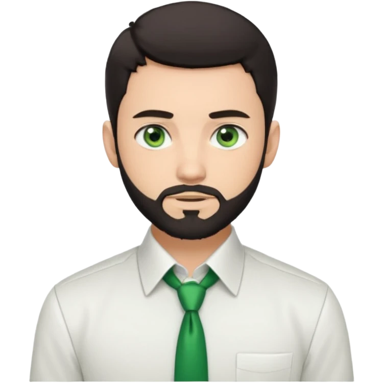 Man with a short full beard, Styled hair, Best looking man in the planet, onepiece style dark hair, green eyes, more anime style more maskulin. Wearing a white formal shirt, first buttons open emoji