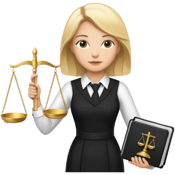 woman lawyer blanche et blonde avec des cheveux mi-long; elle est habillée avec une longue robe noire et une cravate blanche; elle soutient fièrement la balance de la justice  emoji