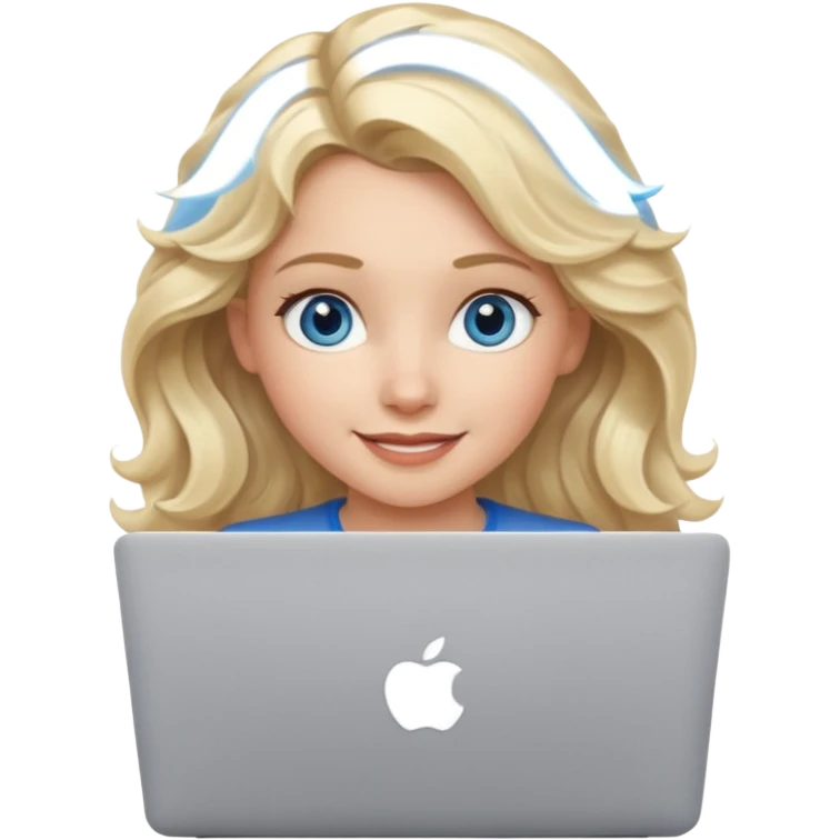 blond girl, blue eyes, hair wavy, , behind her silver colored laptop from apple, she looks straight infront of her, looks a bit taller emoji