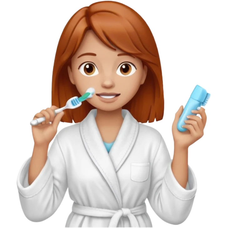 A reddish-brown-haired girl, newly awakened in the morning, is getting ready for work, brushing her teeth. emoji
