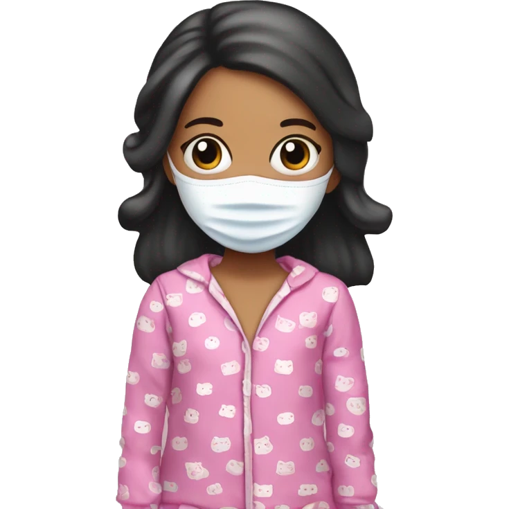 Girl in be bed with hello Kitty pyjamas wearing a face mask that is black emoji