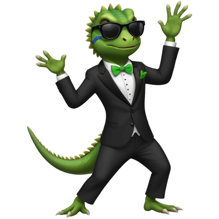 capitalist iguana banker in tuxedo and black sunglasses dancing crazy emoji