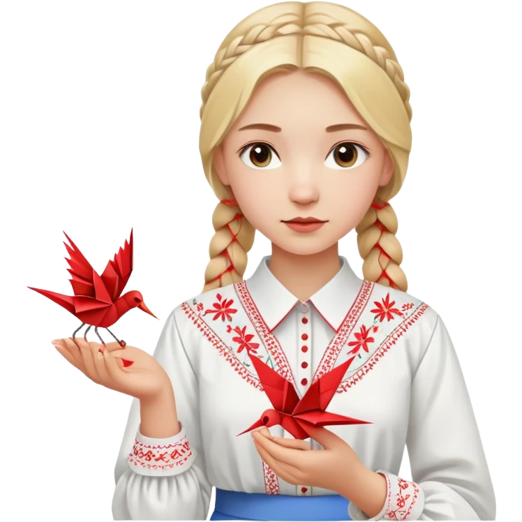 Ukrainian young girl with blonde braided hair wearing a white traditional embroidered shirt (vyshyvanka) holding a red origami paper crane in her hands emoji