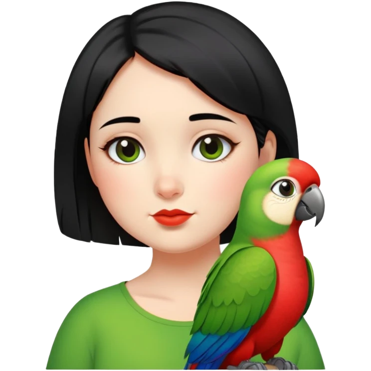 A chubby cheeks girl with short black hair with a green red lip parrot on her shoulder  emoji