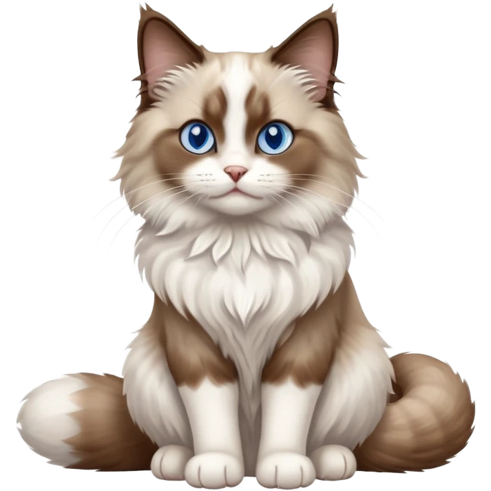 cinematic-[brown and white ragdoll cat]-realistic-full-body-sitting-emoji,-tail-curled-playfully-around-its-paws,-head-tilted-dramatically,-fluffy-[brown and white]-fur,-simplified-yet-realistic-focused-features,-highly-detailed,-glowing-with-an-almost-sarcastic-glow, with blue eyes emoji