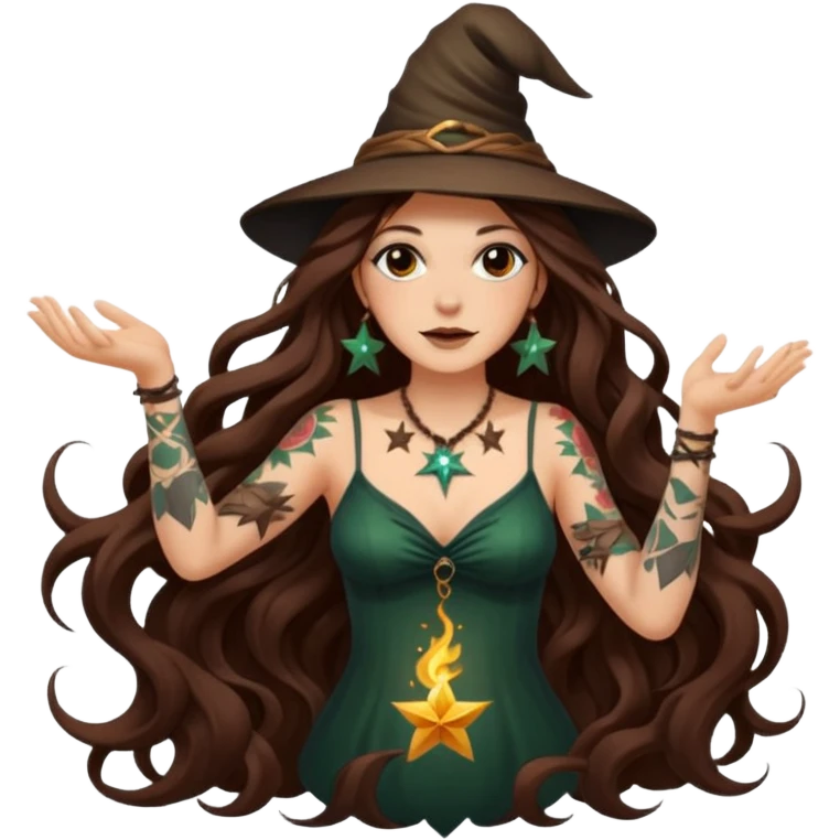 forest witch woman long wavy brown hair tattoos tossing star seed emoji