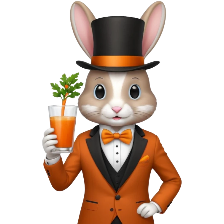rabbit wearing suit, bowtie and top hat, holding glass of carrot juice emoji