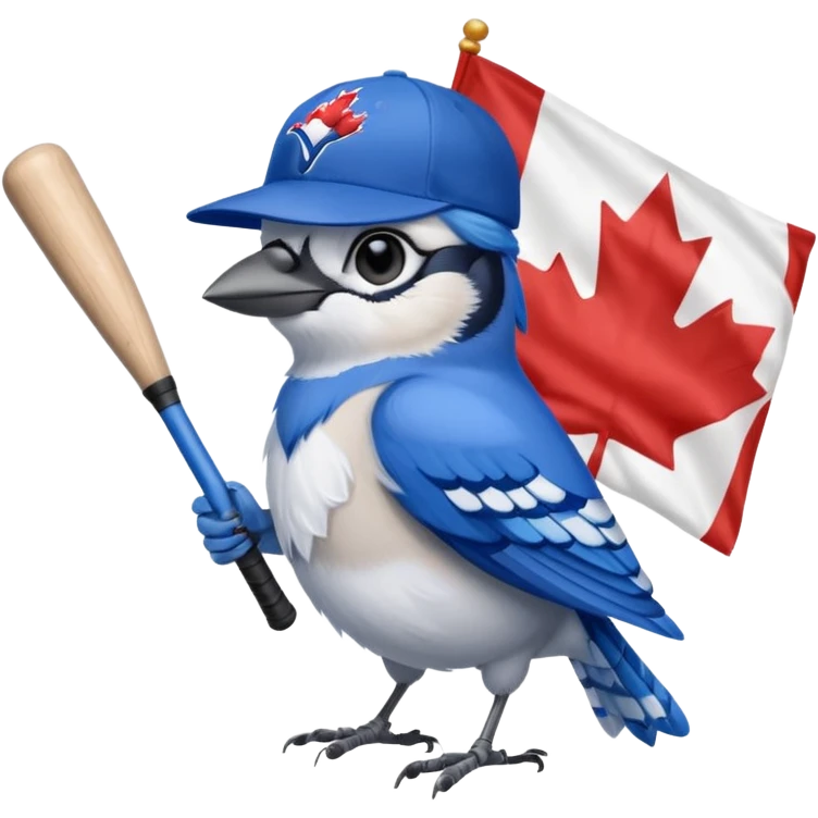 bluejay standing with baseball bat, wearing toronto blue jays baseball hat, holding Canada Flag 
 emoji
