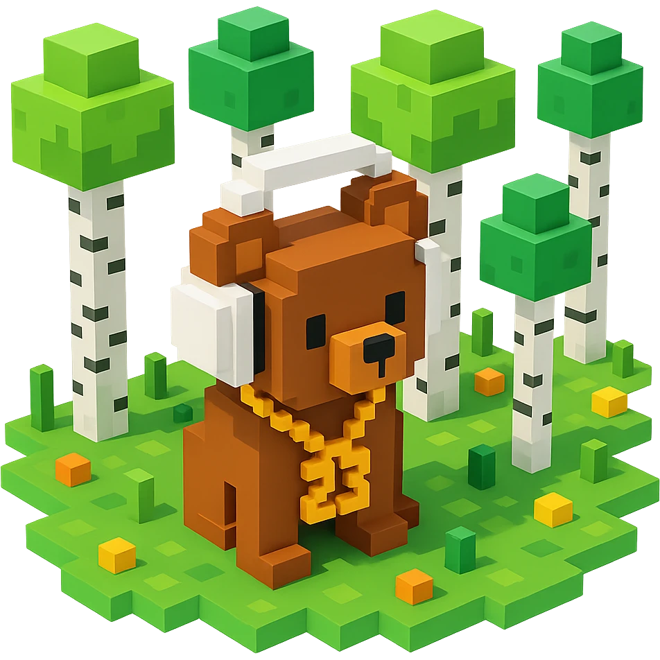 березовый лес, в котором сидит бурый медвежонок в белых наушниках (наушники должны закрывать уши медведя), на медведе цепь с подвеской "23", no background  emoji