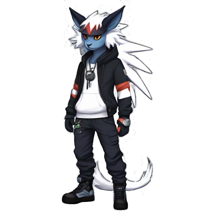 Cool Anthro Absol-Noivern-Litten-Lynx-Pokémon with edgy stripes hoodie spiked collar punk techwear Cargo Pants Full Body emoji