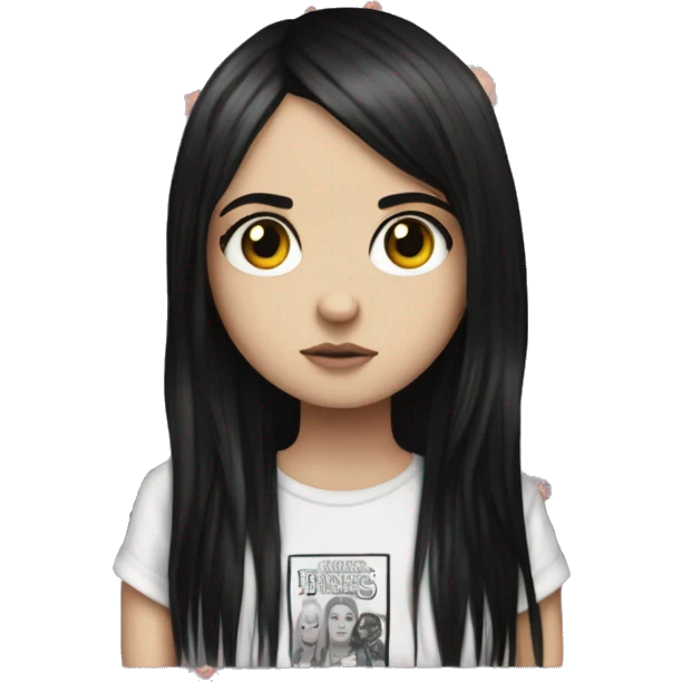 white emo girl with hazel eyes and stranger things shirt that is emo with long black hair  emoji