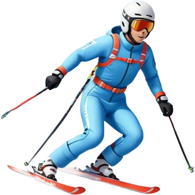 An icon featuring snowy peaks, pine trees, and a picturesque mountain landscape with a skier racing down a snow-covered slope. The sky is blue with soft clouds, capturing the thrill and beauty of alpine skiing. Transparent background highlights the excitement and serenity of winter sports. emoji