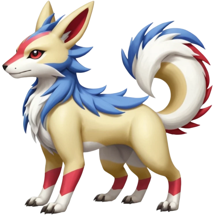 Colorful Skilled Adept Graceful Asian Painted WereGarurumon-Linoone-Meloetta-Renamon-Zangoose-fusion-hybrid-creature (full body) emoji