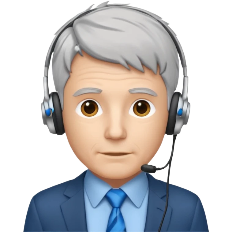 white male programmer with short messy silver gray hair, blue tie, small headphones emoji