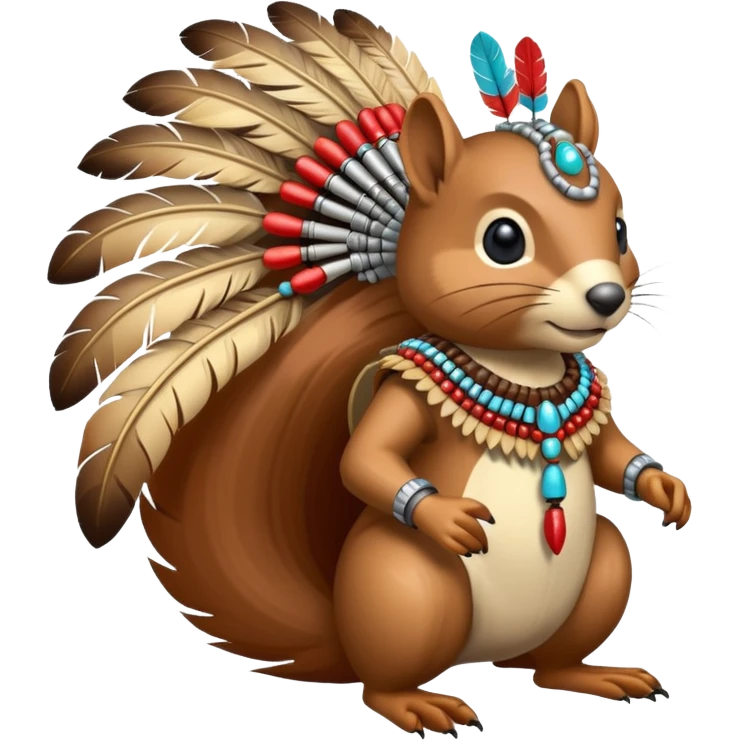 Full Robotic squirrel wearing native American regalia with feathers and beads emoji
