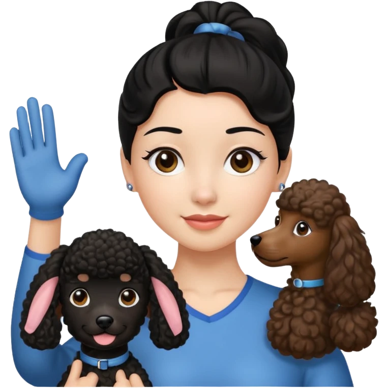 Ponytail black hair girl with brown Poodle say goodbye  emoji