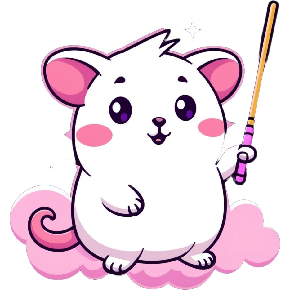 pink possum on a cloud, holding a magic wand, hint of evil in its eyes, surrounded by cosmic sparkles emoji