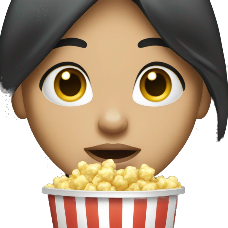 Caucasian girl with black hair, eating popcorn emoji
