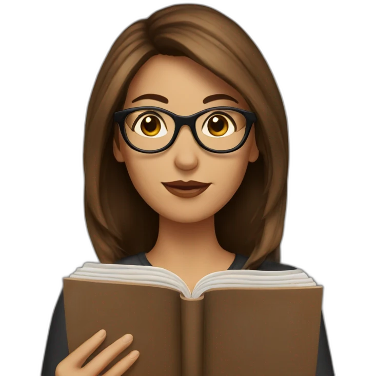 Woman with brown hair and black glasses reading a book emoji