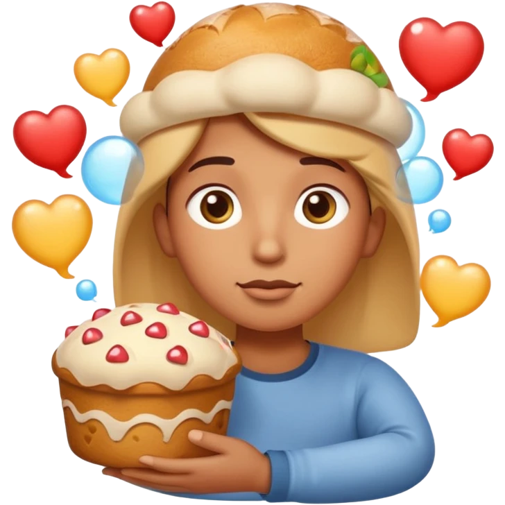 Apple-style emoji illustration of a person with dreamy eyes, and avobe them a thinking bubble with a traditional panettone inside the bubble, small hearts floating around, soft 3D emoji style, smooth gradients, rounded shapes, warm festive colors, simple expression. emoji