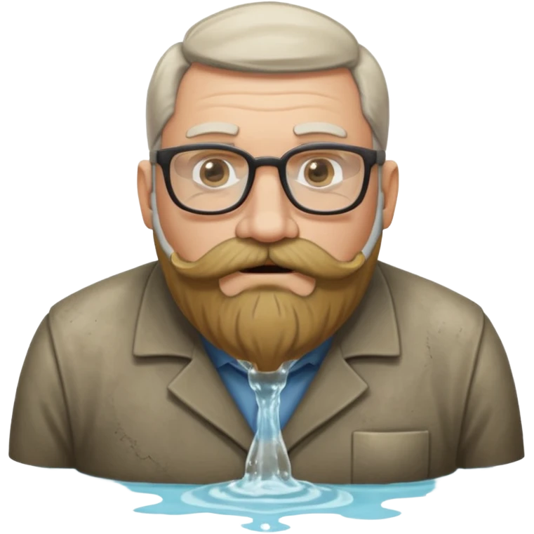 50 year old bearded and moustached white male wearing glasses. His mouth has been cast into a frame made of concrete and out of his mouth is flowing sewer water connected to a drain pipe. He is proud and thinks his right, while being slightly angry because the joke is on him. emoji