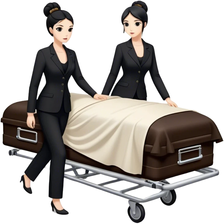 Two woman in black pants suits. One has black hair in a bun and one has brown long hair. They are pushing a stretcher with a dead body on it covers in sheets in to a black funeral Mercedes Vito car  emoji