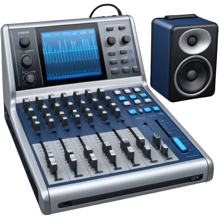 Create a professional and technical emoji that represents sound engineering. The design should feature a sound mixing console with faders, a pair of studio headphones, and audio waveforms to symbolize the precision and technicality of sound mixing and mastering. Include elements like a microphone or audio cables to reflect the recording aspect. Use colors like silver, black, and dark blue to represent the technical, yet artistic side of sound engineering. The background should be transparent. emoji