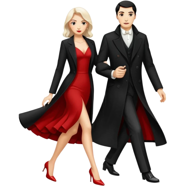 Ultra detailed realistic tango couple icon, black background, dramatic lighting, long black coat on man, white shirt and white shoes, red dress and white heels on woman, centered, minimal background, high contrast, 4K resolution, profile picture ready, sharp clean edges emoji