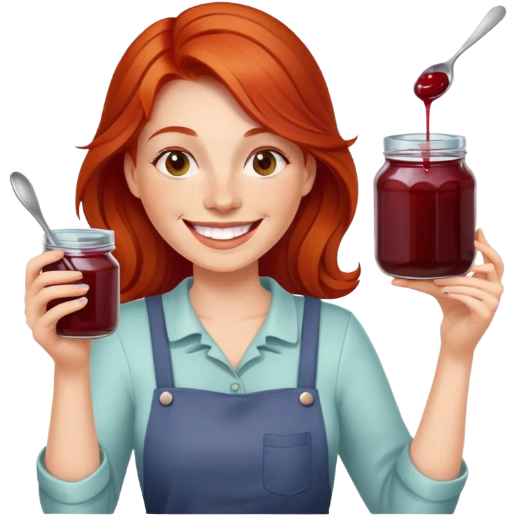 redhead woman with big smile holding a glass jar with jam in one hand and a little spoon with jam in other hand emoji