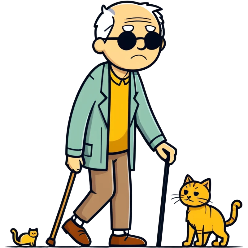  old blind man and his walking stick with golden cat ￼ emoji