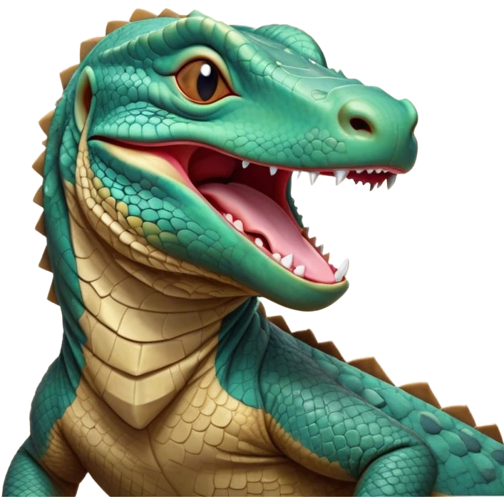 Cinematic Cute Yawning Komodo Dragon Lizard Portrait Emoji, Head slightly angled in a dramatic, wide-open yawn, showcasing rugged, textured scales and sleepy, half-closed eyes, Simplified yet irresistibly adorable features, highly detailed, glowing with a soft, cozy glow, high shine, relaxed yet expressive, stylized with a hint of whimsical wildness, soft glowing outline, capturing the essence of a drowsy yet endearing reptile that appears ready to stretch out for a nap! emoji