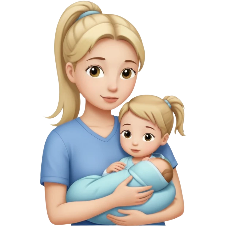 Girl with ponytail gently hugging a newborn baby and a young girl, family moment emoji