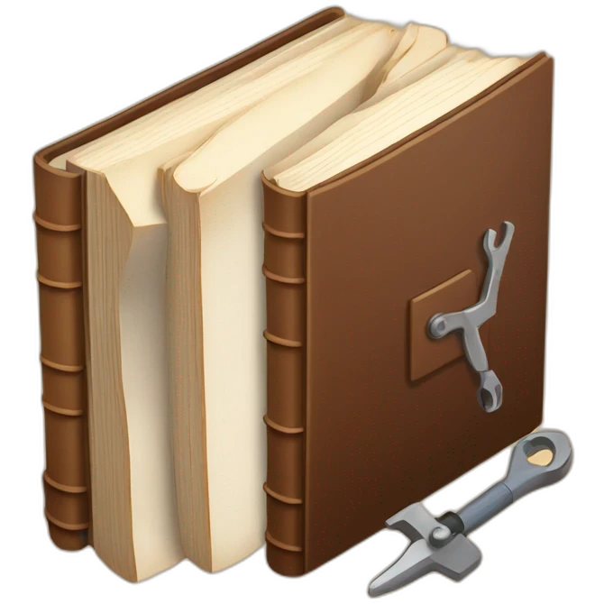 isometric thick BOOK with picture of wood, welder, leather, tools emoji