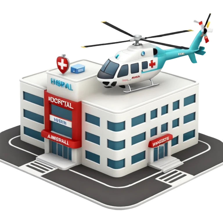 3d hospital outside, with text hospital, ambulance, helicopter , no background emoji