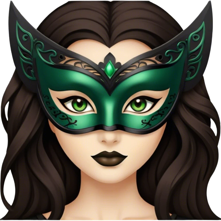 Greeneyed Woman with Long Dark brown hair wearing Black venetian mask emoji